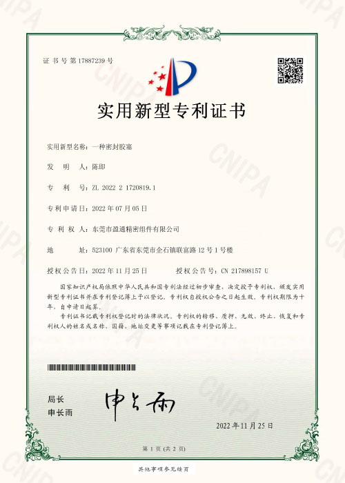 Patent certificate for utility model